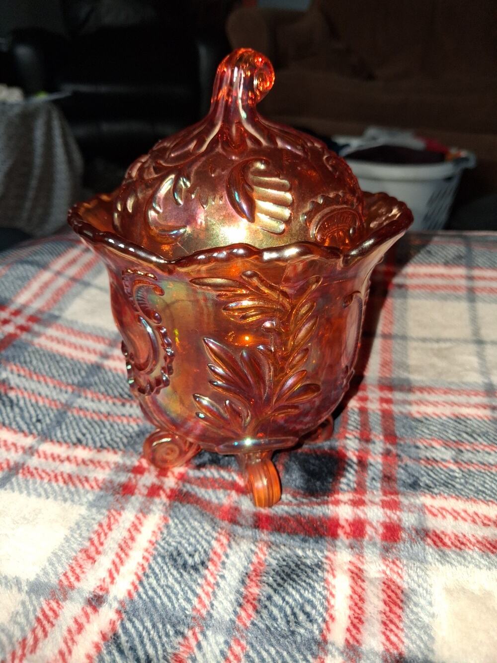 Imperial Art Glass Carnival Marigold Louis XIV Candy Jar & Lid W/ STICKER